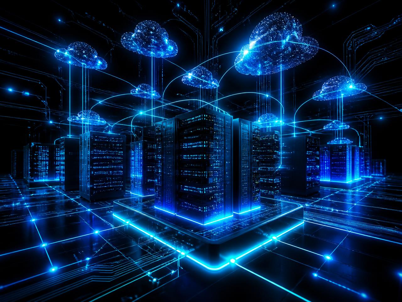 Représentation d'une infrastructure de datacenter : baies de serveurs et connexions réseau cloud illuminées en bleu néon